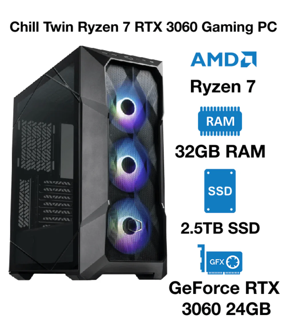 Chill Twin Ryzen 7 RTX 3060 Gaming PC | AMD Ryzen 7 7700X | 32GB RAM | 2.5TB SSD | GeForce RTX 3060 24GB | Windows 10 Pro
