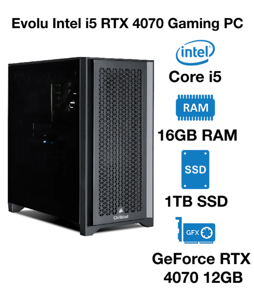 Evolu Intel i5 RTX 4070 Gaming PC | Intel Core i5 | 16GB RAM | 1TB SSD | GeForce RTX 4070 12GB | Windows 10 Pro
