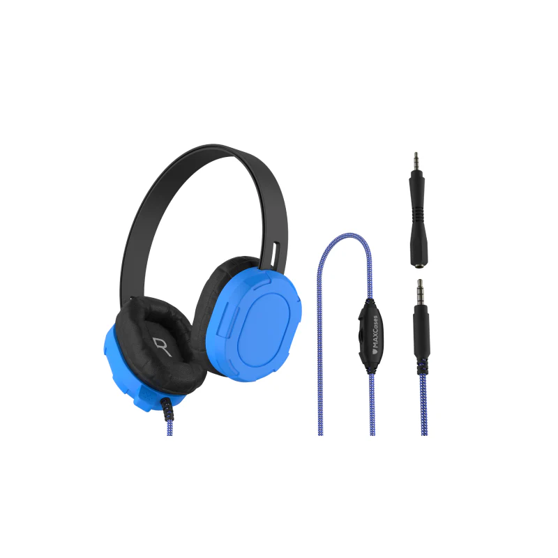 MaxCases Extreme Headset w/braided cable, inline volume control, built-in microphone, 3.5mm connector, breakaway adapter (Blue) - Image 6